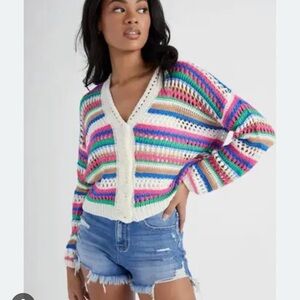 Vigoss Striped Open-Knit V-Neck Cardigan - Cream Pink Blue Green
